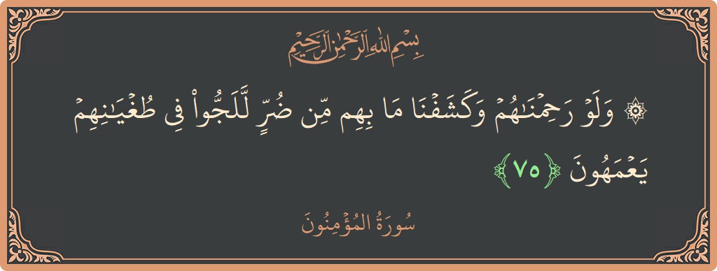 Verse 75 Surah Al Muminoon ۞ ولو رحمناهم وكشفنا ما بهم من ضر للجوا